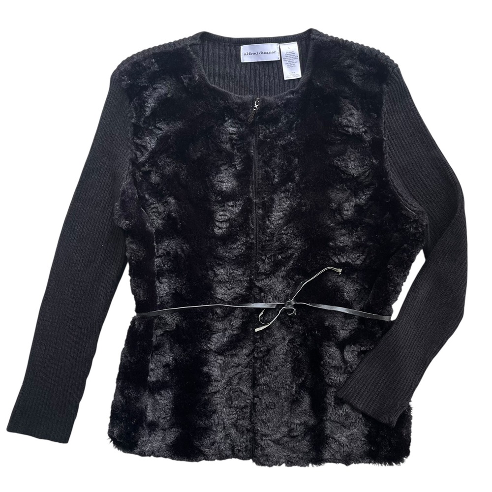 Alfred Dunner Womens L Black Faux Fur Ribbed Knit Belt Zip Cardigan Sweater Chic
